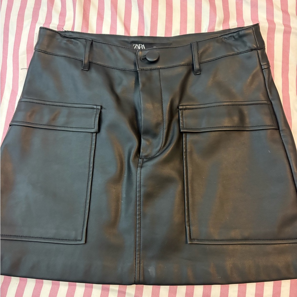 Zara Black Faux Leather Mini Skirt with Cargo Pockets